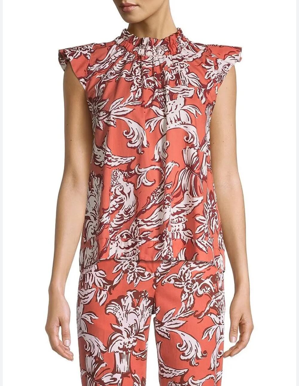 Seventy Venezia Arancio Ruffle Neck Floral Poplin Top Size EU 42